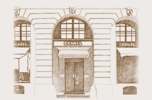 Sepia illustration of the CHANEL storefront in Paris